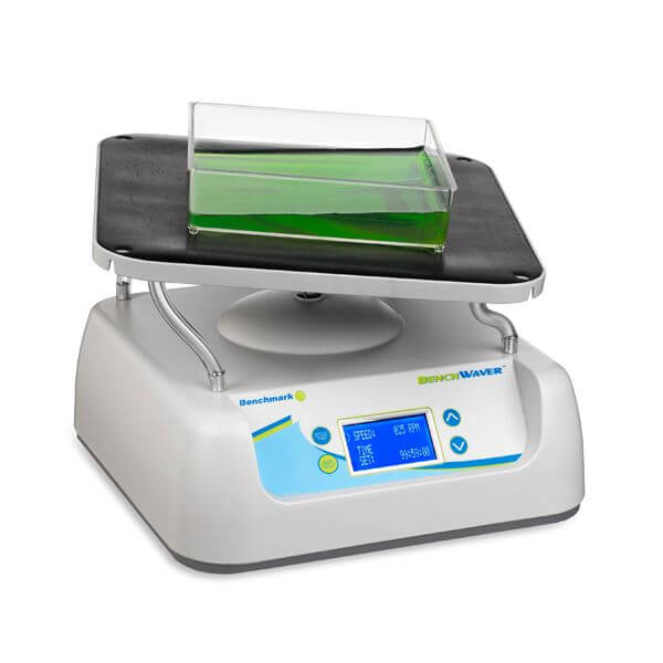 Benchmark Scientific BenchWaver B3D5000 3D laboratory rocker with digital LCD controls and flat platform.